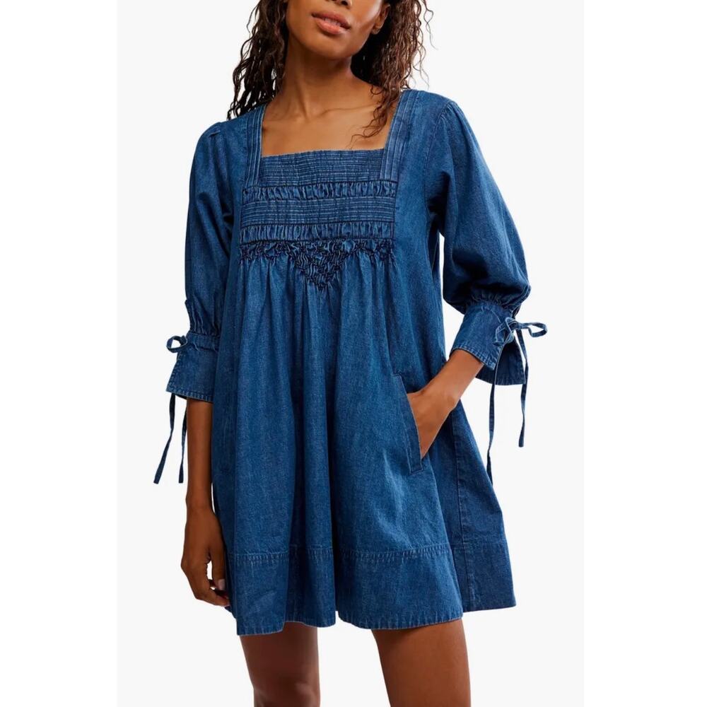 NWT Free People Sonora Denim Babydoll Mini Dress Square Neck L Midnight Rinse - Picture 12 of 12